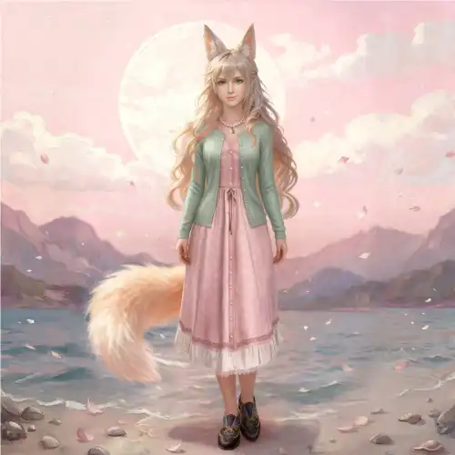 Fantasy illustration of a Kitsune fox girl in a pink dress and green cardigan standing by a lake under a full moon.