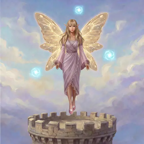 A digital illustration of a graceful fairy with large, shimmering golden wings hovering above a stone castle turret. She is dressed in a flowing lavender gown and surrounded by glowing blue orbs of magical energy. The background features a soft, painterly sky with pastel clouds, creating a dreamlike and ethereal atmosphere.