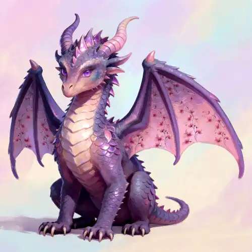 A small dragon with purple scales and delicate pink wings, featuring curved horns and soft glowing eyes, sitting calmly against a pastel background, representing a young or friendly dragon creature in fantasy worlds.