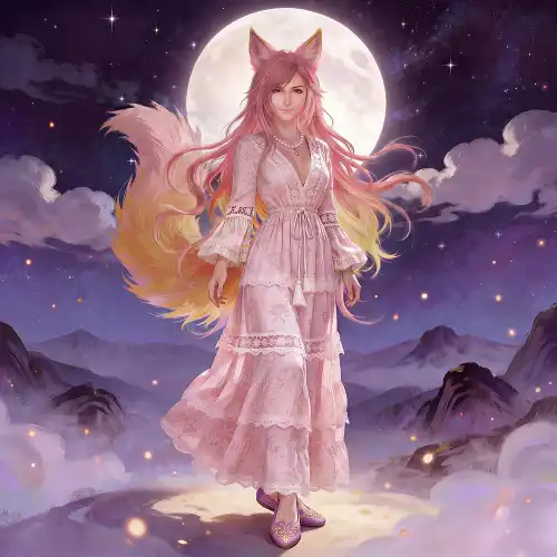 Dreamy fantasy scene of a Kitsune fox girl with long pink hair, fox ears, and a fluffy tail, standing in a flowing pink dress beneath a glowing full moon in a starry night sky.